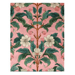 Vibrant hand-tufted area rug featuring a floral pattern with large, lush green leaves and delicate white flowers against a soft pink background. Perfect for adding a touch of elegance to your living room, this large area rug is crafted from high-quality wool, offering both beauty and durability.