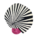 A striking area rug featuring a bold, swirling black and white pattern with a pop of pink, ideal for large living rooms. This hand tufted wool rug adds a vintage touch to any living room, making it a standout among area rugs for living rooms.