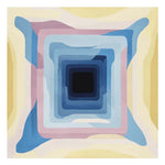 A vibrant Struck by Hue Hand Tufted Rug featuring an abstract design with layered geometric patterns in blue, pink, and yellow hues. This contemporary square area rug is perfect for large living room spaces, crafted from high-quality wool to add a modern touch to your home decor.