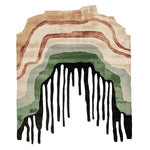 A unique Structure in Collapse Hand Tufted Area Rug showcasing an abstract design with earthy tones. This contemporary rug features flowing layers of beige, brown, green, and black, perfect for adding a modern touch to living room area rugs. Crafted from wool, it blends style and comfort seamlessly, ideal for rugs for living room settings.