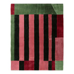 Structured Red Rhythm Hand Tufted Rug featuring bold, vertical black and red stripes against a green backdrop. This contemporary area rug is ideal for adding a splash of color and modern style to your living room. Made from premium wool, it's perfect for those seeking stylish area rugs for living room settings.