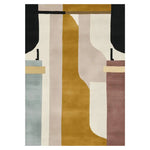 A contemporary hand tufted wool area rug featuring an abstract design with bold geometric shapes in shades of mustard, black, beige, and blue. Perfect for adding a modern touch to any living room, this rug is ideal for spaces looking for an 8x10 size.