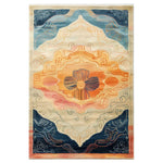 The Sunrise Mirage Hand Tufted Wool Rug features an abstract design with vibrant shades of orange, blue, and beige. Ideal for adding a touch of elegance to your living room, this 8x10 area rug showcases intricate patterns reminiscent of a sunrise, perfect for those seeking stylish wool rugs for their home.