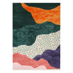 The Sunset Cascade Realm Hand Tufted Wool Rug, a vibrant area rug featuring an abstract design with flowing waves of orange, green, and purple shades. Perfect for enhancing any living room area with its contemporary charm, this large wool rug adds a touch of artistic flair, making it ideal for modern decor.