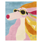 A vibrant hand-tufted area rug featuring an abstract design of a stylish dog wearing sunglasses, ideal for large living room spaces. This contemporary wool rug brings a playful and colorful touch, perfect for those seeking unique area rugs for living rooms.