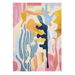 Vibrant Sunset Stroke Hand Tufted Area Rug featuring a contemporary abstract design with splashes of pink, blue, and yellow. Perfect for adding a touch of modern art to your living room, this large wool rug combines style and comfort seamlessly.