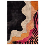 A stunning area rug featuring an abstract design with flowing lines in black, beige, orange, and pink hues. Perfect for contemporary spaces, this wool rug is an ideal choice for large living rooms, adding a touch of modern elegance and artistic flair.