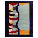 A vibrant hand-tufted area rug featuring a surreal pattern play of bold geometric shapes in red, yellow, blue, and gray tones. Ideal for contemporary living room settings, this large wool rug adds a unique artistic touch to any space.