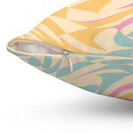 Close-up view of a swirly checker groovy throw pillow featuring vibrant pastel colors and a hidden zipper.