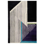 A contemporary hand-tufted area rug with an abstract geometric design in black, white, and teal. Ideal for modern living room decor, this wool rug adds a touch of sophistication and style.