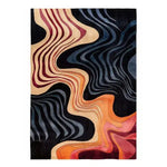 A stunning abstract Terracotta Tide hand-tufted area rug, perfect for adding a contemporary touch to living rooms and dining rooms. The rug features wavy, multicolored patterns in shades of black, orange, and burgundy, making it a stylish choice for any bedroom or dining room area. Crafted from wool, this elegant rug combines modern design with comfort.