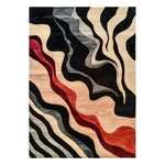 Contemporary area rug with a textured, abstract design featuring bold wavy patterns in shades of black, grey, red, and beige. Perfect for adding a modern touch to bedrooms or offices, this hand-tufted wool rug enhances any space with its artistic flair.