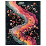 Colorful floral design rug with wavy lines on a dark background