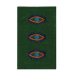 A vibrant green area rug featuring a unique design of three abstract blue and orange eyes. This hand-tufted wool rug adds a touch of vintage charm, perfect for enhancing spaces like kitchens, hallways, or bedrooms. Ideal as a bathroom runner rug or a stylish addition to any bedroom decor.