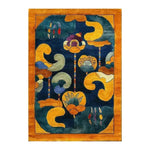 The Tibetan Tapestry Tufted Wool Rug showcases a vibrant and intricate abstract design with bold colors, perfect for adding a touch of elegance to large living rooms or offices. This contemporary area rug, crafted from high-quality wool, features a rich blend of blues, yellows, and oranges, making it an ideal choice for those seeking stylish and durable living room or office rugs.