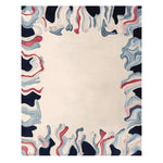 A contemporary area rug with an abstract design featuring flowing patterns in blue, red, and black. This hand-tufted wool rug is perfect for adding a stylish touch to any living room space.