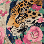 Vibrant hand-tufted wool area rug featuring a striking abstract tiger design surrounded by lush pink floral patterns. Perfect as a square rug for your living room, this stunning piece combines bold animal motifs with delicate blossoms to create a unique and captivating centerpiece.