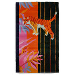 Decorative hallway with a chandelier, mirror, and colorful asian tiger wool rug.