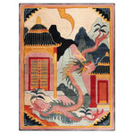 Vibrant Twilight Dragon Citadel hand-tufted wool rug featuring an intricate dragon design and traditional architecture, perfect for large living rooms. This area rug adds a splash of color and culture, making it an ideal choice for those seeking unique wool rugs for their living space.