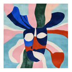 A vibrant and contemporary hand tufted wool area rug featuring an abstract design in bold colors like blue, red, pink, and green. This square rug is perfect for adding a modern touch to living room spaces.