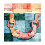 Top view of the Unity in Hues Hand Tufted Area Rug, showcasing its vibrant abstract design with interlocking shapes in shades of blue, pink, and orange. This contemporary wool rug is perfect for adding a pop of color to your living room, offering a modern touch to your space.