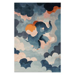 This Up and Away hand tufted area rug features a whimsical design of a playful elephant soaring through abstract clouds. Perfect for adding a touch of charm to any living room, this wool rug measures 8x10, offering a cozy and artistic touch to your space.