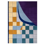 The Urban Mosaic Hand Tufted Area Rug showcases a vibrant geometric design with a mix of yellow, blue, and purple squares, perfect for contemporary living rooms. This wool rug adds a stylish touch to any space, making it an ideal choice for those seeking modern living room area rugs.