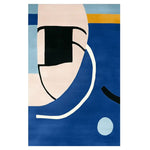 A vibrant area rug with an abstract design, featuring bold geometric shapes in black, white, and shades of blue. This contemporary wool rug is perfect for adding a modern touch to living room spaces, making it a standout piece among rugs for living room.