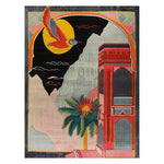 The Verdant Archway Enclave Hand Tufted Wool Rug showcases a vibrant and artistic design, perfect for adding a bold touch to your living room. This area rug features a colorful abstract scene with a flying bird, sun, and intricate architectural details, crafted from high-quality wool.