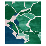 Top view of the Verdant Echo Flow Hand Tufted Rug, an area rug featuring a contemporary design with abstract green and blue patterns. Perfect for adding a touch of modern elegance to large living rooms, this wool rug complements various decor styles.