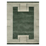 A stylish Verdant Sanctuary hand tufted wool rug, showcasing a contemporary design with bold geometric patterns. The area rug features a rich green center framed by cream linear borders, perfect for enhancing living room aesthetics.