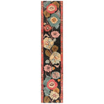 A vibrant Verdant Symphony Hand Tufted Wool Runner Rug with colorful floral patterns on a dark background, ideal for adding elegance to kitchens, hallways, and bathrooms. This wool rug features intricate designs that make it a perfect kitchen runner rug or bathroom runner rug.