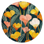 A beautifully designed vibrant meadow hand tufted round area rug, perfect for adding a splash of color to your dining room or living room. This wool rug features an eye-catching floral pattern with bold yellow, pink, and white flowers against a deep green background, making it an ideal choice for those seeking stylish rugs for their living space.
