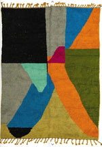 Top view of the Vinai Moroccan Berber Handwoven Colorful Runner Rug, showcasing a vibrant abstract design with bold geometric patterns. Perfect as a kitchen rug, wool rug, bathroom runner rug, hallway runner rug, or kitchen runner rug, adding a pop of color to any space.