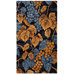 The Vine Noir Hand Tufted Rug features a stunning vintage design with intricate grape and leaf patterns in rich shades of orange and gray against a dark background. This wool area rug, perfect for living room decor, measures 8x10 and adds an elegant touch to any space.