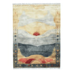 A beautifully crafted Vintage Horizon Hand Tufted Area Rug, showcasing an abstract design with muted tones of blue, beige, and red. This wool rug features intricate patterns resembling a sunrise over mountains, perfect for adding a contemporary touch to a bedroom. Ideal for those seeking large area rugs with a vintage flair, this piece serves as an elegant and cozy addition to rugs for bedroom decor.