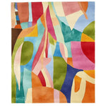 Top view of a vibrant and colorful area rug, showcasing an abstract design with various geometric shapes in shades of red, green, blue, orange, and pink. This contemporary rug is ideal for adding a modern touch to living room spaces. Hand tufted from wool, the 8x10 size makes it a perfect choice for those seeking stylish living room rugs.