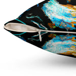 Close-up view of a watercolor fox-themed throw pillow featuring vibrant colors and a unique artistic design with a hidden zipper.