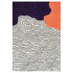 Contemporary area rug with a unique abstract design, featuring swirling black lines on a white wool background. The upper section has bold purple and orange accents, perfect for large living rooms seeking a modern touch.