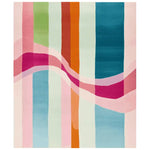A vibrant area rug featuring bold, colorful stripes in pink, green, blue, orange, and cream. The contemporary wool rug design is perfect for large living room spaces, adding a modern and artistic touch to your home decor.