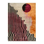 A vibrant Wavy Lines Hand Tufted Viscose Area Rug featuring dynamic black and pink wavy lines against a beige background, accented by an abstract red circle and orange hues. This contemporary wool rug is perfect for a living room or dining room, adding an artistic touch to formal dining room rugs and dining room carpets.