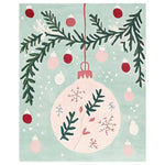 Whimsy Holiday Charm Hand Tufted Area Rug featuring a festive design with ornaments and pine branches, perfect for adding a touch of holiday spirit to your living room. This wool rug showcases a light pastel green background with pink and red accents, ideal for cozy winter decor.