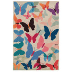 Colorful wool area rug featuring a vibrant pattern of butterflies in shades of blue, pink, orange, and purple, ideal for adding a lively touch to living room area rugs.