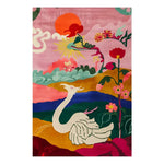 Vibrant Whispering Swan Sanctuary hand tufted area rug featuring a colorful abstract design with a swan motif against a lively backdrop. Perfect for adding a pop of color to large living rooms or offices, this wool rug is an artistic centerpiece ideal for area rugs in living rooms.