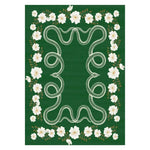 This elegant area rug features a vibrant green background adorned with intricate white floral patterns and a snake motif. Ideal for adding a touch of boho style to your living room or bedroom, this wool rug serves as both a large area rug and a unique piece of decor.