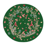 Beautiful round area rug in green, featuring a charming pattern of wild flowers and birds. This hand-tufted wool rug is perfect for enhancing the elegance of a living room, dining room, or formal dining room. The intricate design of this round rug adds a touch of nature-inspired beauty to any space, making it an ideal choice for those seeking stylish dining room carpets.