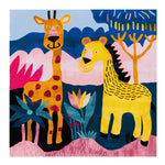 A vibrant and playful area rug featuring a hand-tufted design with whimsical animal characters, perfect for large living rooms. This wool rug showcases a colorful giraffe and lion against a lively backdrop with abstract trees and plants, making it an ideal square area rug for adding charm to any space.