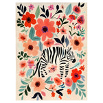 A vibrant Wildflower Serenade Hand Tufted Wool Rug featuring a striking abstract zebra design surrounded by colorful flowers. Perfect for adding a bold statement to any living room, this area rug measures 8x10 and is crafted from high-quality wool, making it both stylish and durable. Ideal for those seeking unique living room area rugs with a touch of nature-inspired art.