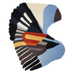 This vibrant hand-tufted area rug features an abstract design resembling bird wings in motion, with a mix of blue, black, red, and yellow tones. Perfect for adding a contemporary touch to living room rugs 8x10. Made from high-quality wool, this rug is both stylish and durable.