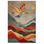 A beautifully designed area rug titled 'Wings of Freedom Hand Tufted Rug', showcasing an abstract depiction of a bird soaring above a vibrant landscape. This wool rug features warm tones of red, orange, and gray, making it a perfect addition to any living room. The intricate design and rich colors make this an ideal choice for those seeking unique area rugs for living room decor.